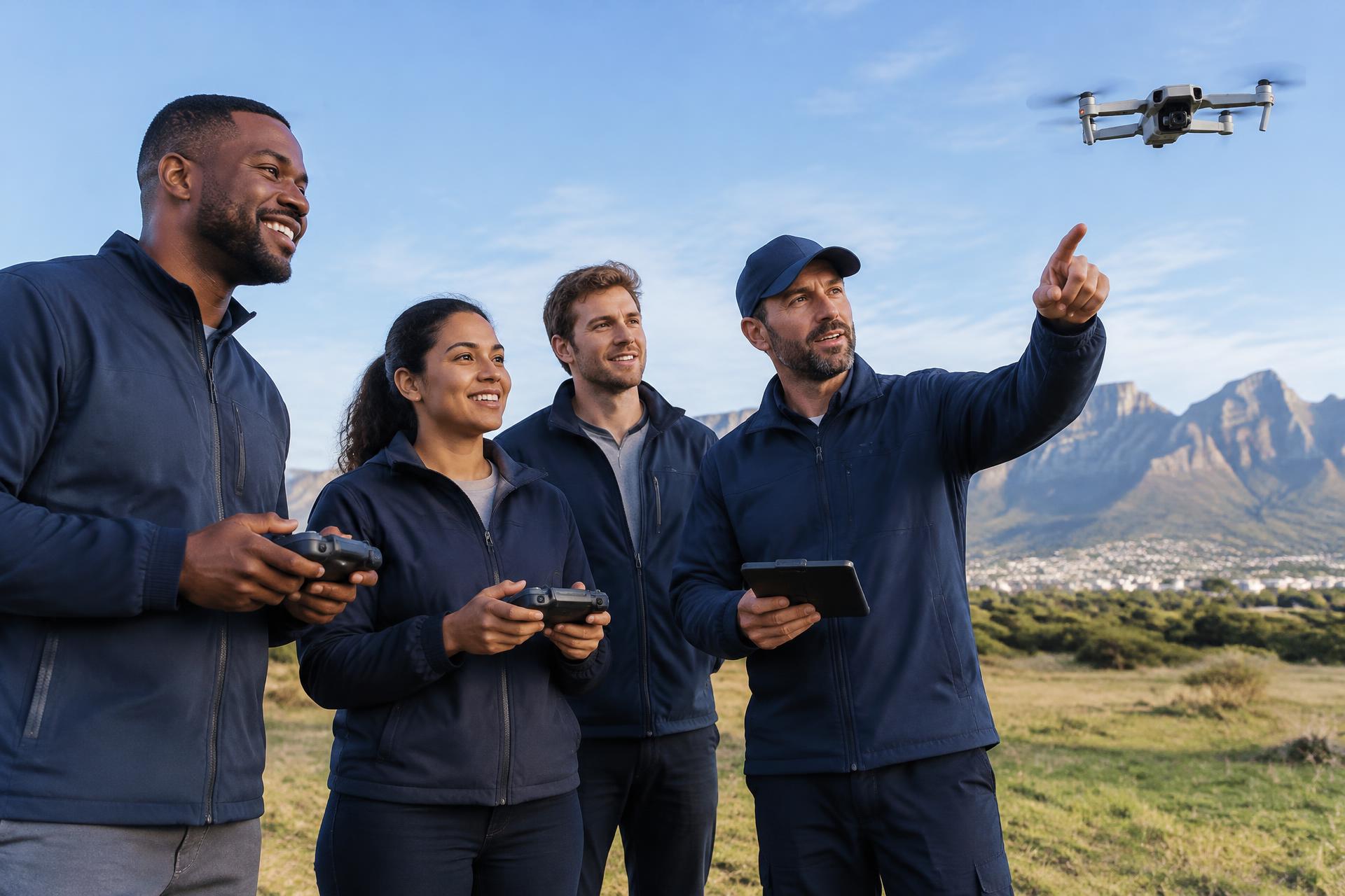 A group learning to fly drones outdoors in South Africa